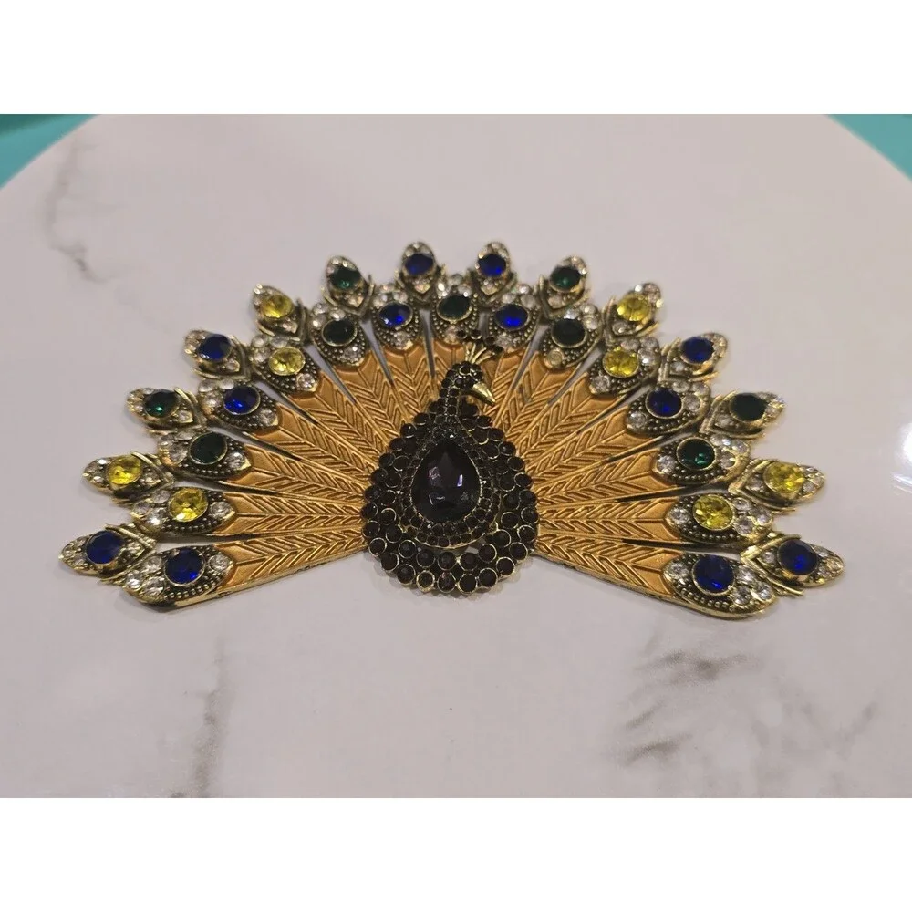 Vintage Peacock Rhinestone Jewelry Component / Necklace Centerpiece One Missing